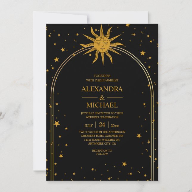 Invitation Mariage des étoiles célestes mystiques d'or noir (Devant)