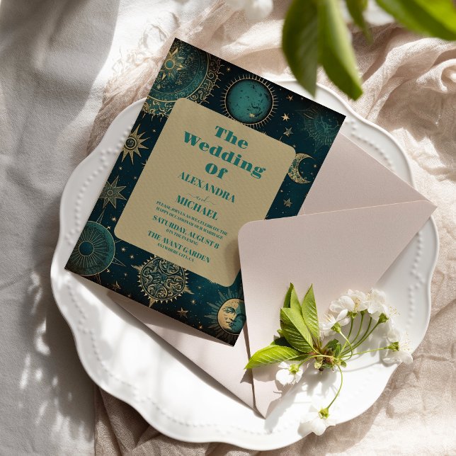 Invitation Mariage des étoiles d'or céleste de minuit vert (Créateur téléchargé)