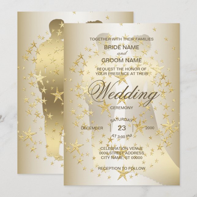 Invitation Mariage des Étoiles Dorées de la Mariée et du Mari (Devant / Derrière)