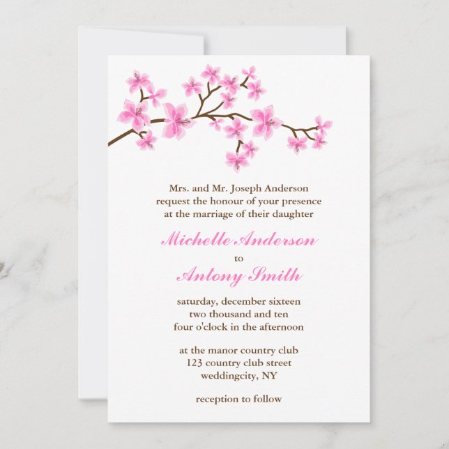 Invitation Mariage des fleurs de cerisiers roses (Devant)