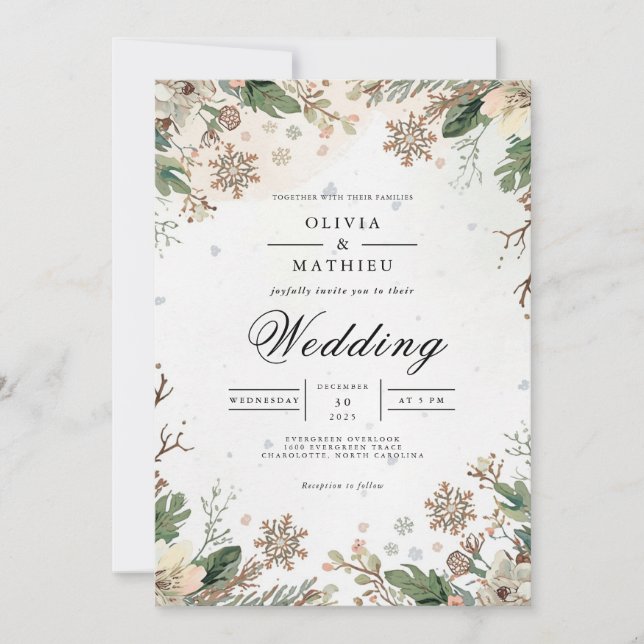 Invitation Mariage des flocons de neige botaniques d'hiver (Devant)