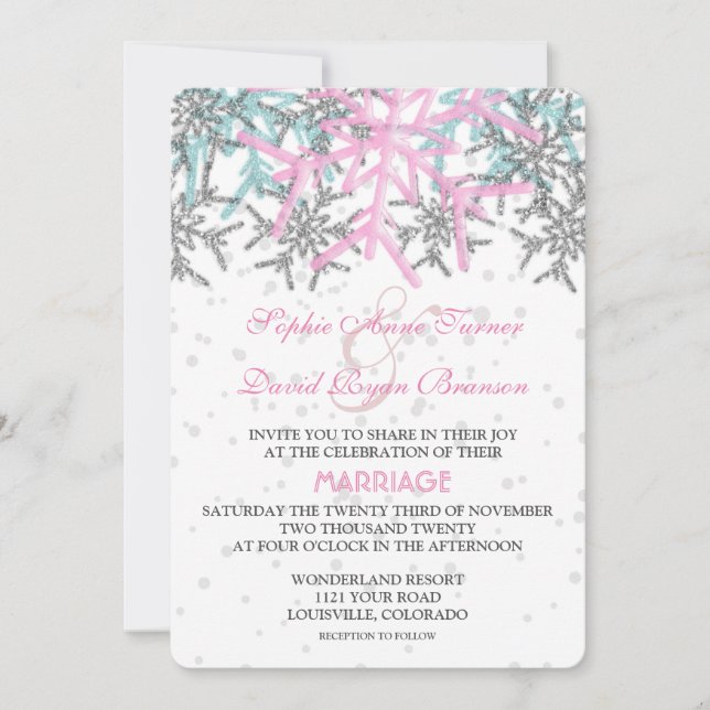 Invitation Mariage des flocons d'hiver en argent rose (Devant)