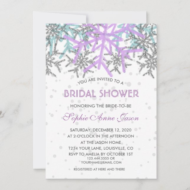 Invitation Mariage des flocons d'hiver en argent violet (Devant)
