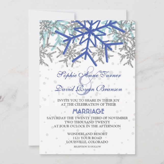 Invitation Mariage des flocons d'hiver Silver Navy Blue (Devant)
