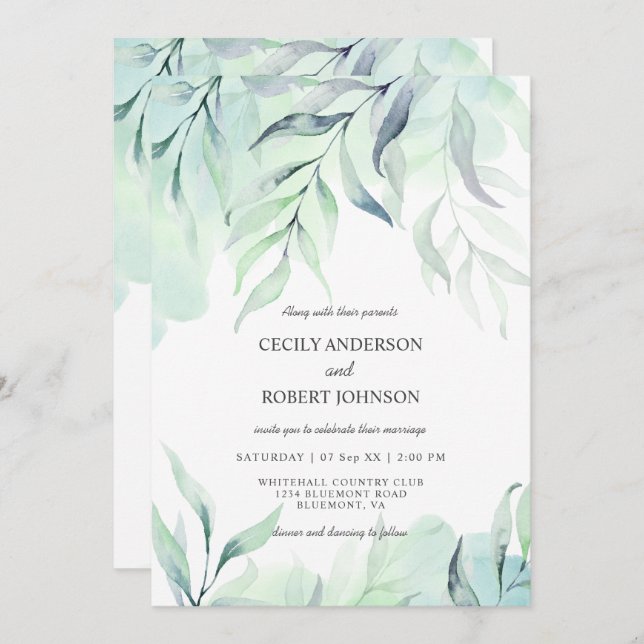 Invitation Mariage des fougères couleur d'eau vert Dusty Blue (Devant / Derrière)