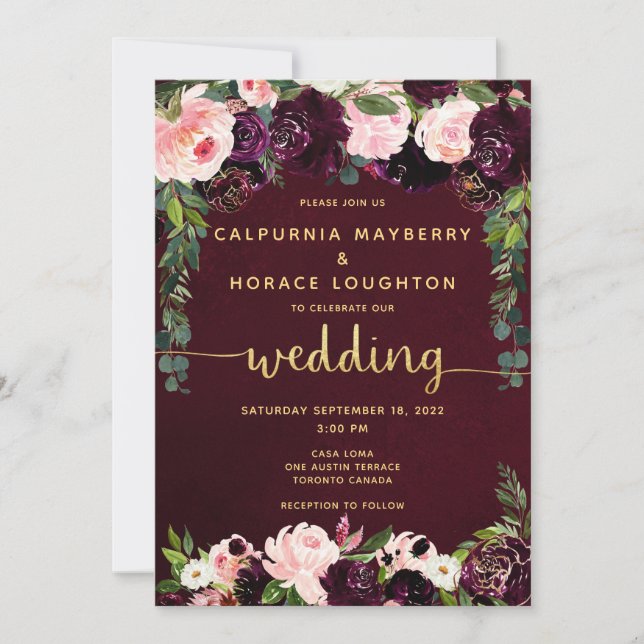 Invitation Mariage des Gold Calligraphy de Blush Burgundy Par (Devant)