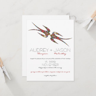 Invitation Mariage des hirondelles baisantes et fleurs coloré