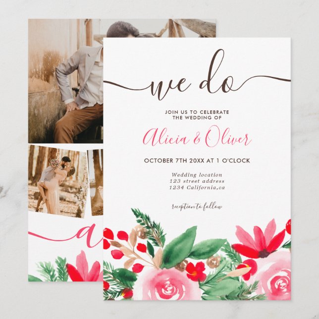 Invitation Mariage des initiales de la photo florale de Noël (Devant / Derrière)
