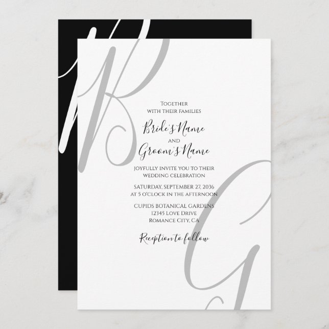 Invitation Mariage des initiales du monogramme noir et blanc (Devant / Derrière)