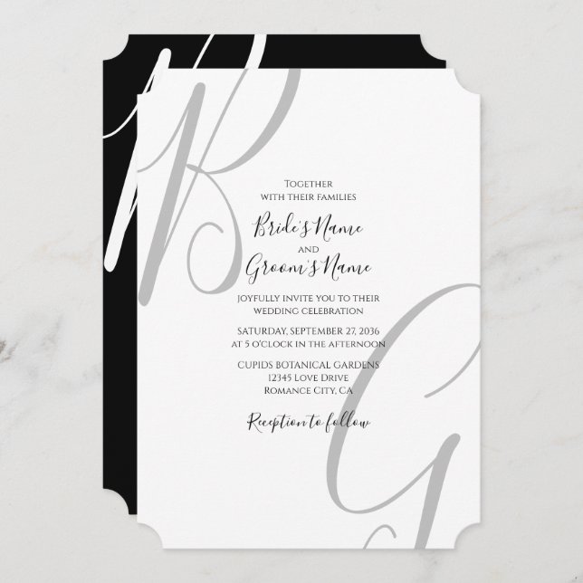 Invitation Mariage des initiales du monogramme noir et blanc (Devant / Derrière)