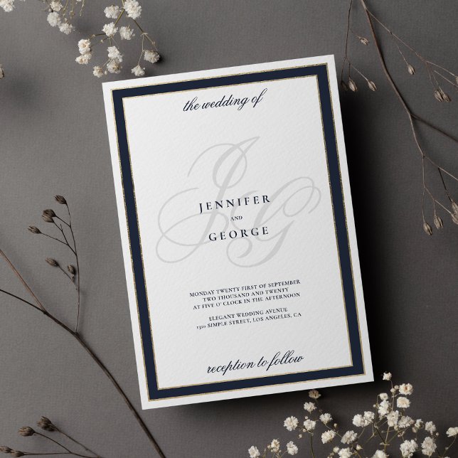 Invitation Mariage des initiales en or blanc bleu marine (Navy blue white gold monogram initials wedding)