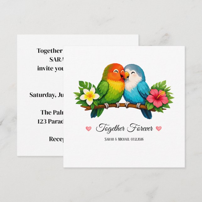 Invitation Mariage des Inséparables Tropicaux Ensemble Pour T (Devant / Derrière)