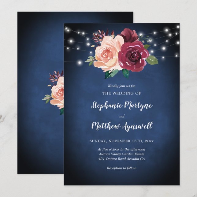 Invitation Mariage des lumières Roses de la Marine Bleue Bour (Devant / Derrière)