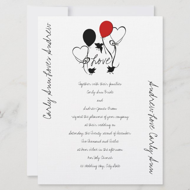 Invitation Mariage des oiseaux, des ballons et des coeurs (Devant)