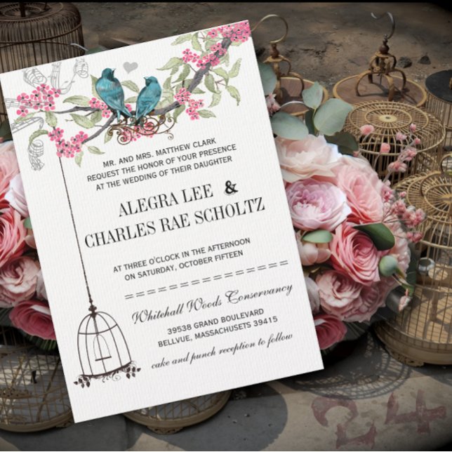 Invitation Mariage des oiseaux en fleurs de cerisier rose et  (Créateur téléchargé)
