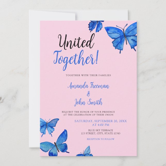 Invitation Mariage des papillons d'aquarelle bleu vibreux (Devant)