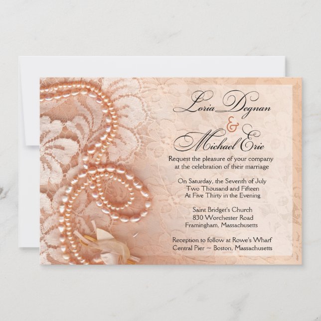 Invitation Mariage des perles et de la dentelle| pêche parfai (Devant)