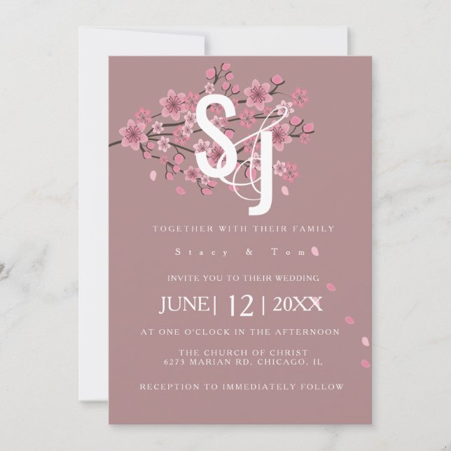 Invitation Mariage des pétales de fleurs de cerisier Ombré (Devant)