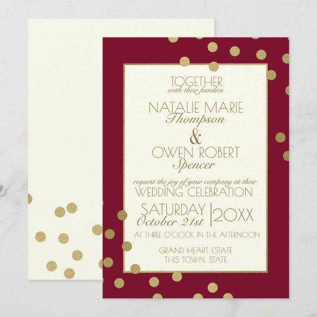 Invitation Mariage des points Confetti Bourgogne et Or (Devant / Derrière)