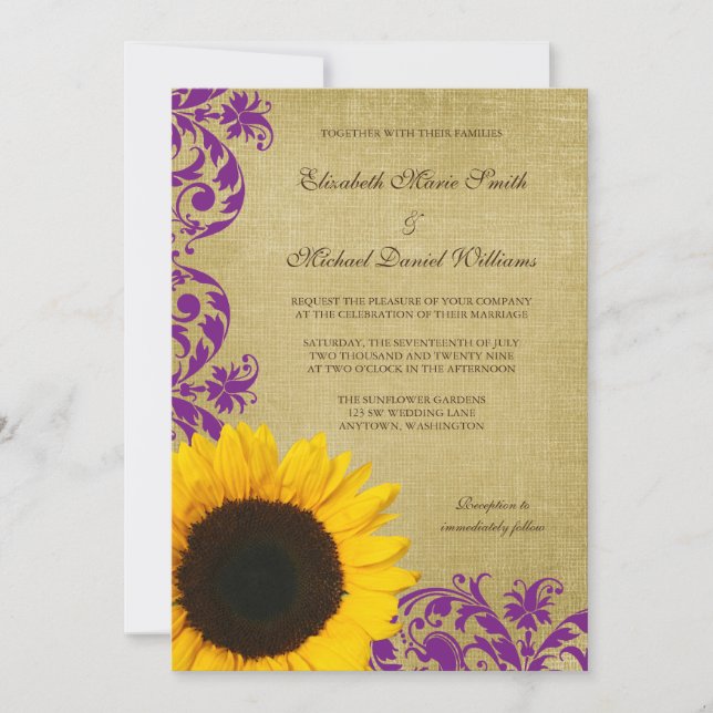 Invitation Mariage des tourbières violettes de tournesol russ (Devant)