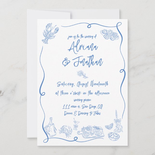 Invitation Mariage Dessiné à la Main Bleu et Blanc (Devant)