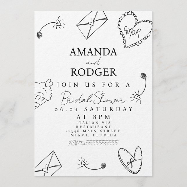 Invitation Mariage dessiné à la main Doodles Shower (Devant)