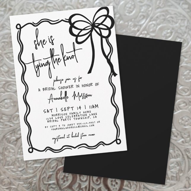 Invitation Mariage Dessiné à la Main Noir Blanc Nœud Papillon (Hand Drawn Black White Bow Bridal Shower Invitation)