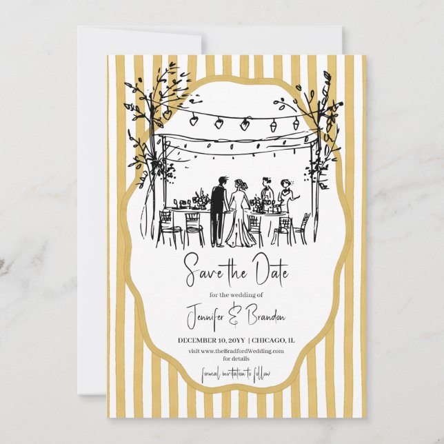 Invitation Mariage dessiné à la main rayé moutarde (Dos)