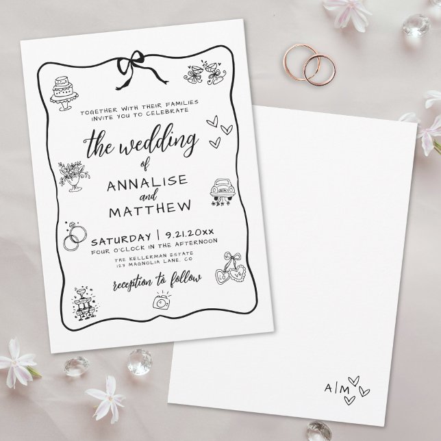 Invitation Mariage Dessiné avec Fantaisie (Whimsical Hand Drawn Illustrated Wedding Invitation)