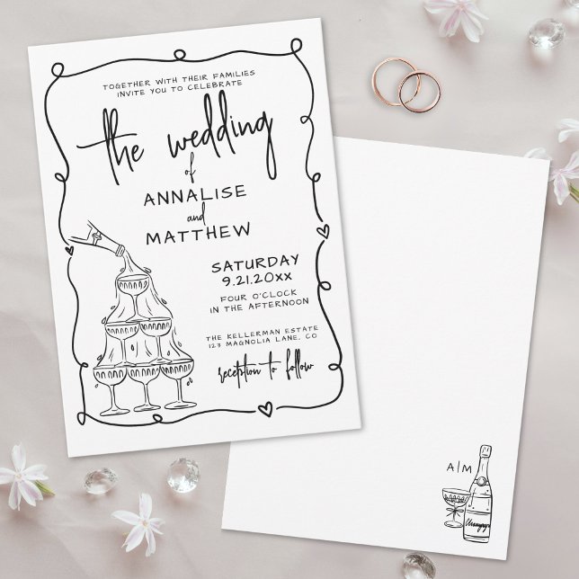 Invitation Mariage Dessiné avec Fantaisie (Whimsical Hand Drawn Quirky Wedding Invitation)