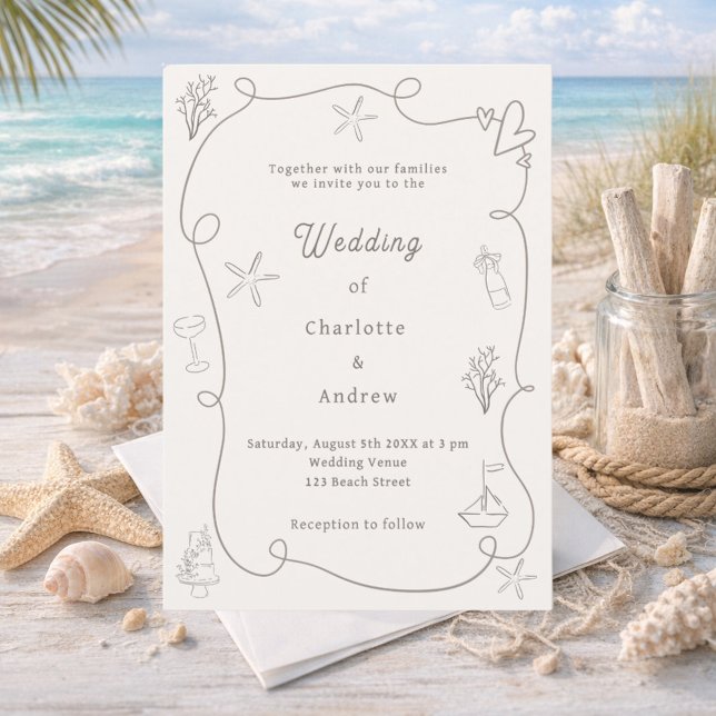 Invitation Mariage dessinée à la main sur la plage côtière sa (Créateur téléchargé)