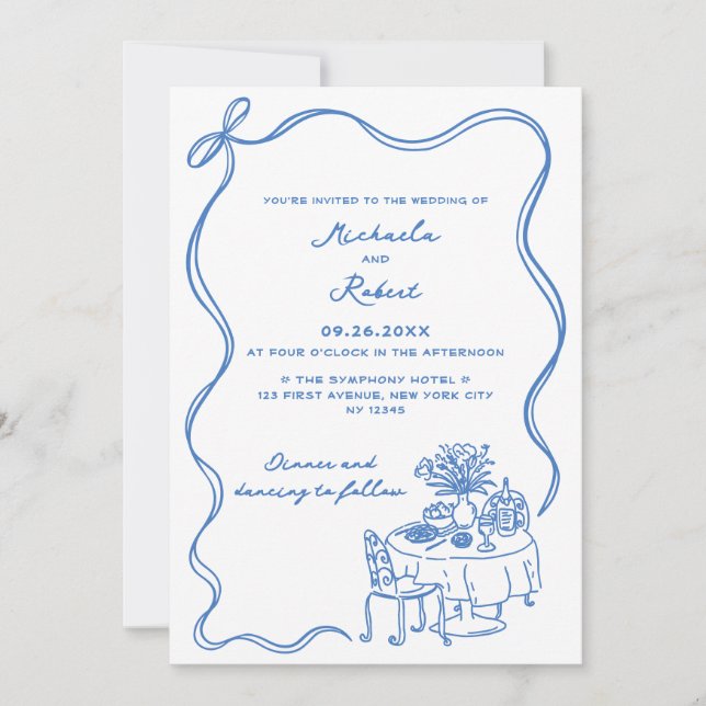 Invitation Mariage Dessins à la Main Bleus Non-Photographique (Devant)