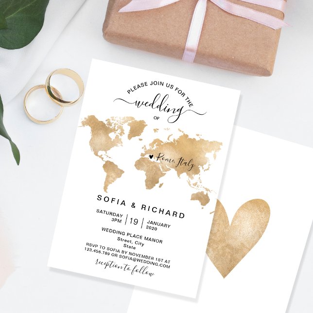 Invitation Mariage Destination Gold World Map Coeur (Créateur téléchargé)