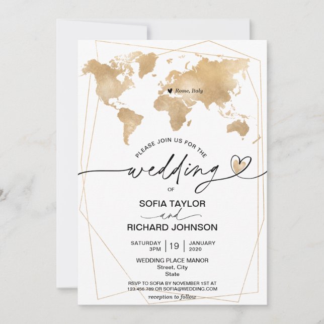 Invitation Mariage Destination Gold World Map Frame (Devant)
