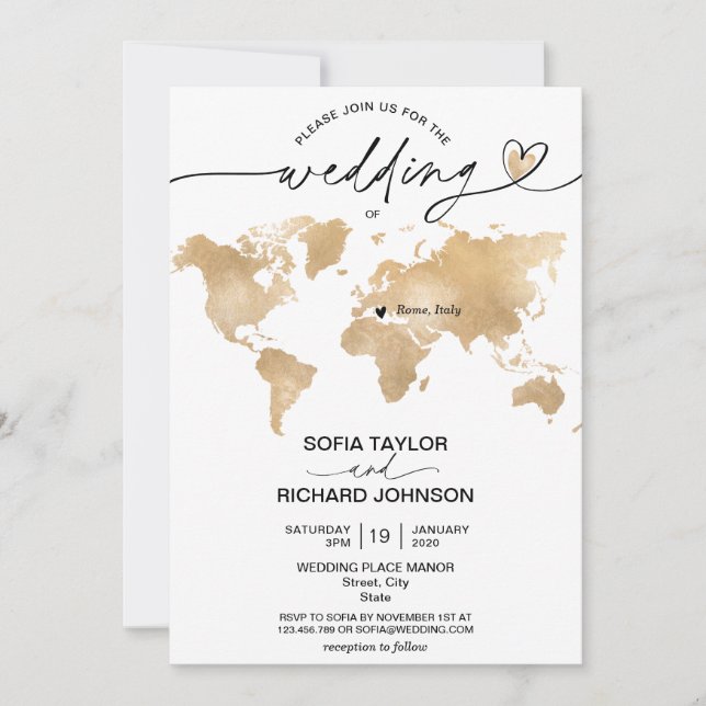 Invitation Mariage Destination Gold World Map Heart Invitatia (Devant)