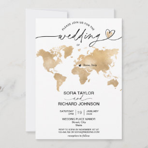 Invitation Mariage Destination Gold World Map Heart Invitatia