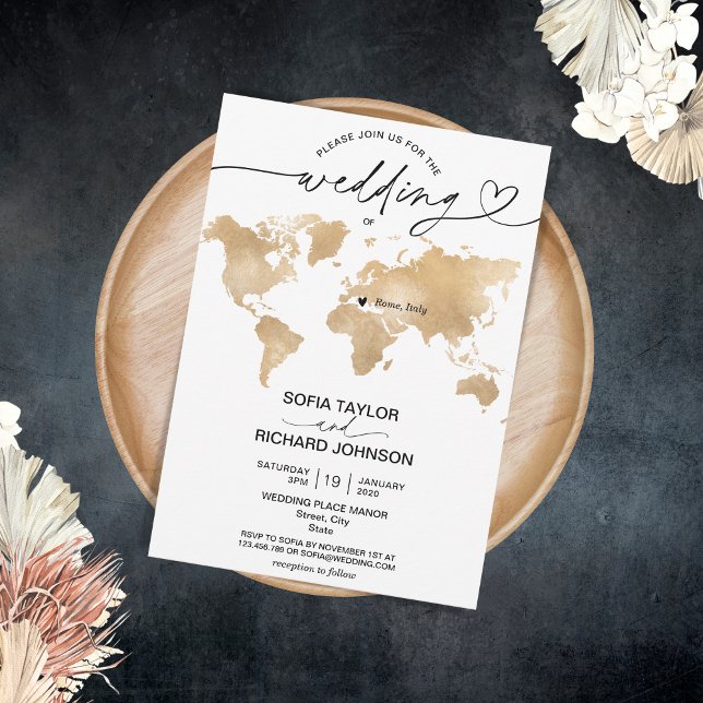 Invitation Mariage Destination Gold World Map Heart Invitatia (Créateur téléchargé)