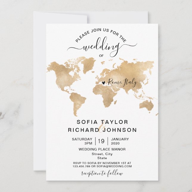 Invitation mariage Destination Or Map Monde Cœur (Devant)