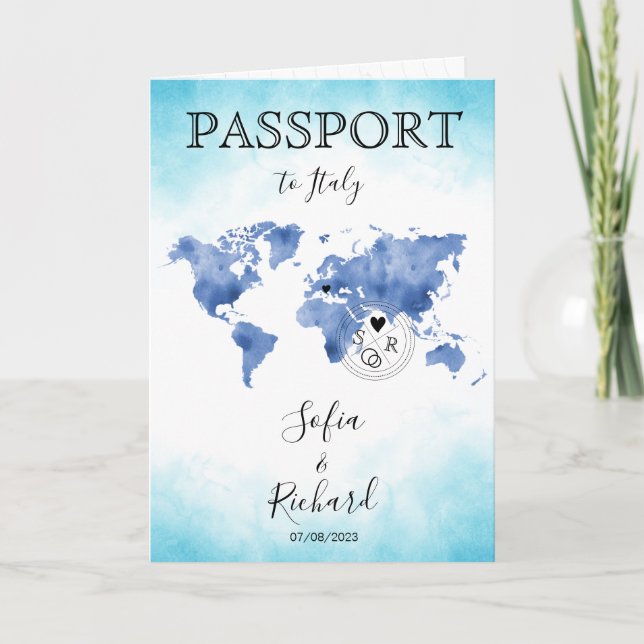 Invitation Mariage Destination Passport Blue World Map Invita (Devant)