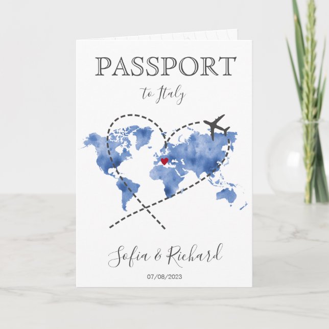 Invitation Mariage Destination Passport Blue World Map Invita (Devant)