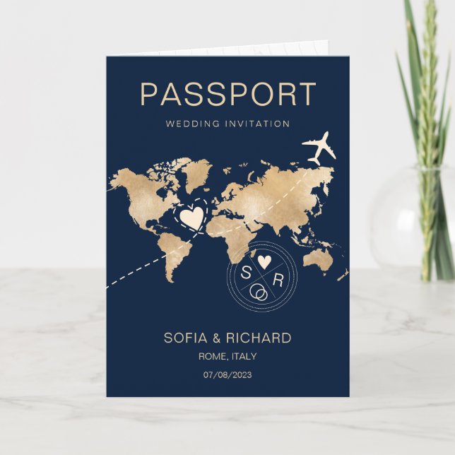 Invitation Mariage Destination Passport Gold Plan du monde (Devant)