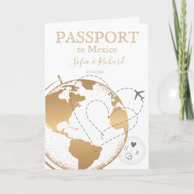 Invitation Mariage Destination Passport Gold Plan du monde (Devant)