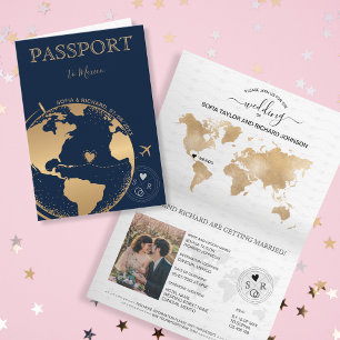 Invitation Mariage Destination Passport Gold Plan du monde