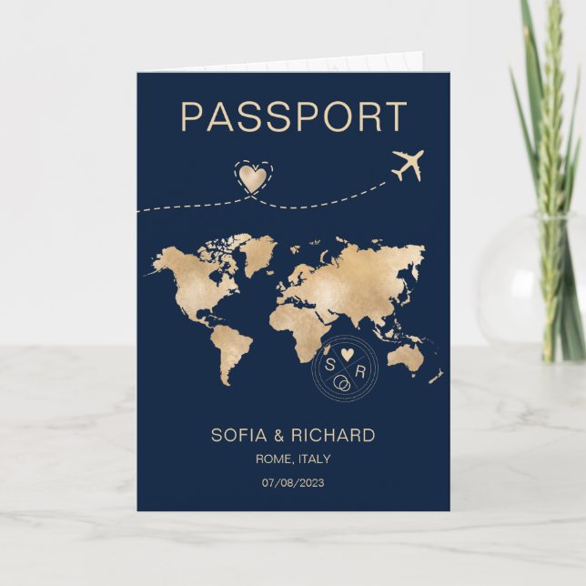 Invitation Mariage Destination Passport Gold Plan du monde (Devant)