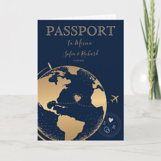 Invitation Mariage Destination Passport Gold Plan du monde (Devant)