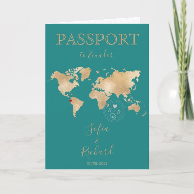 Invitation Mariage Destination Passport Gold World Map Invita (Devant)