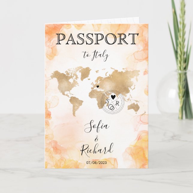 Invitation Mariage Destination Passport Gold World Map Invita (Devant)