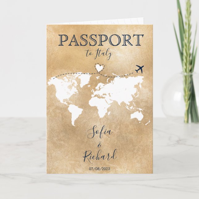 Invitation Mariage Destination Passport Gold World Map Invita (Devant)