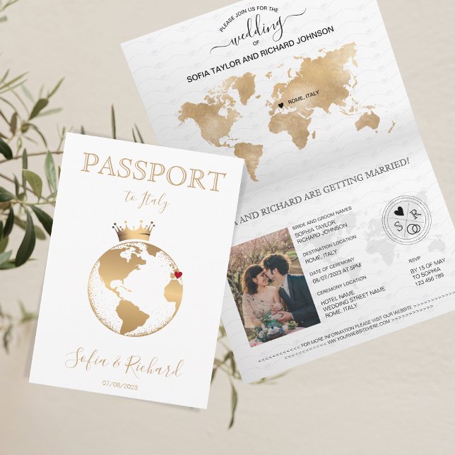 Invitation Mariage Destination Passport Gold World Map Invita (Créateur téléchargé)