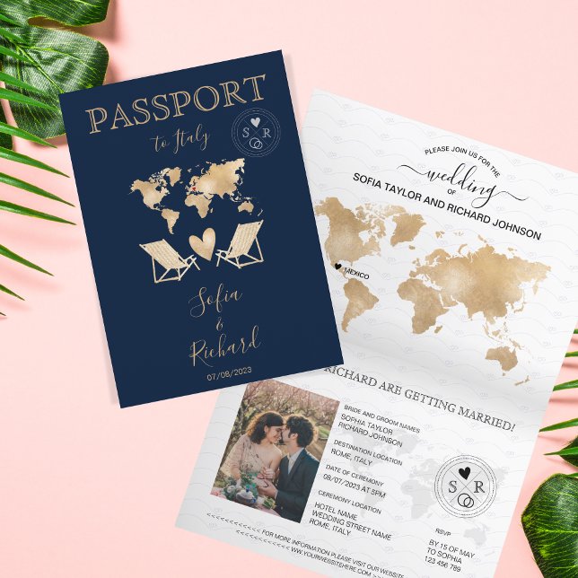 Invitation Mariage Destination Passport Gold World Map Invita (Créateur téléchargé)